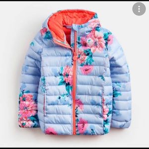 Joules Puffy Coat Sky Blue Floral with Neon Peach/ Coral/ orange Girls size 6